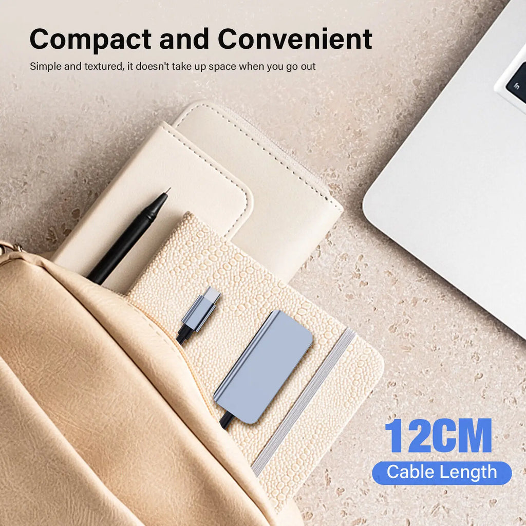 Compact 12cm USB-C cable and adapter in a textured tech organizer pouch with office accessories.