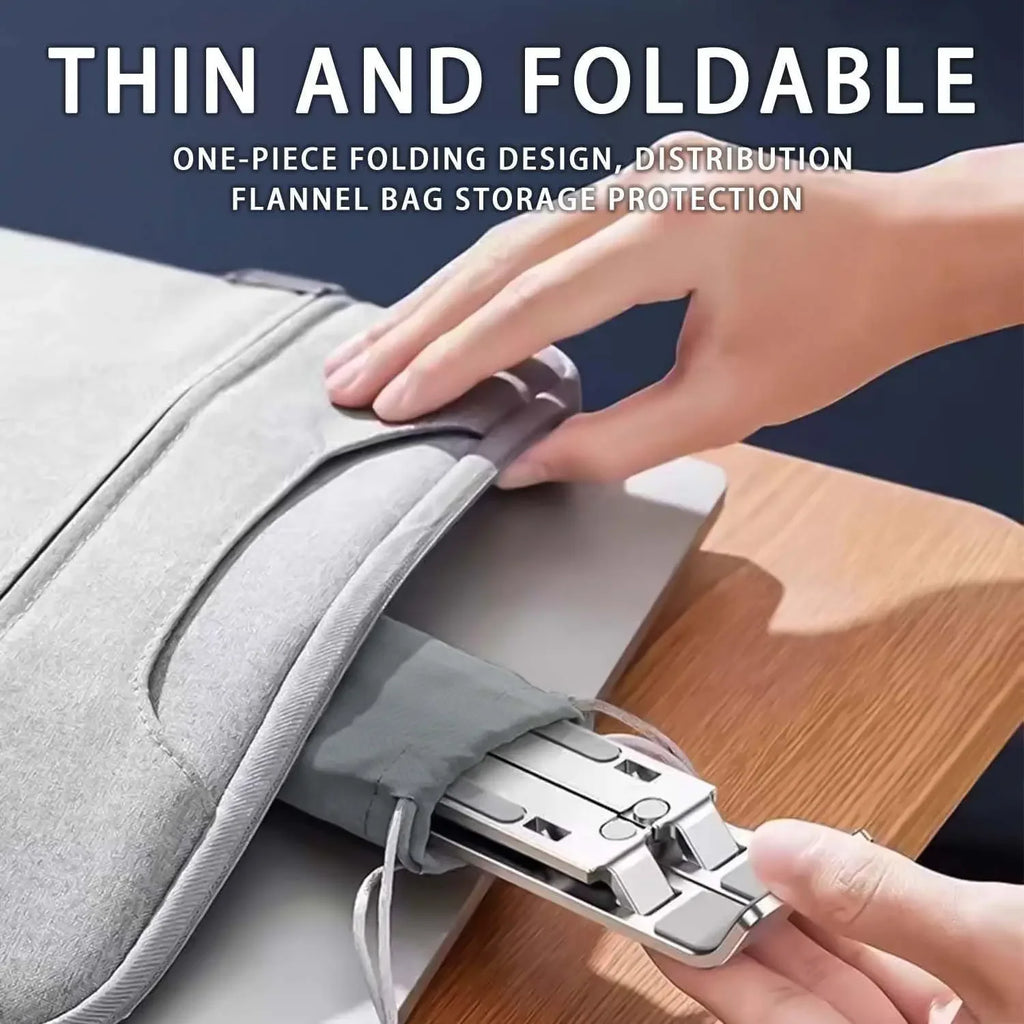Caelix laptop stand, alternate angle — folded flat for a bag