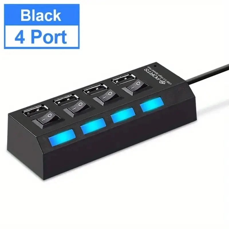 Black 4-port USB 3.0 hub with individual power switches and blue LED indicator lights