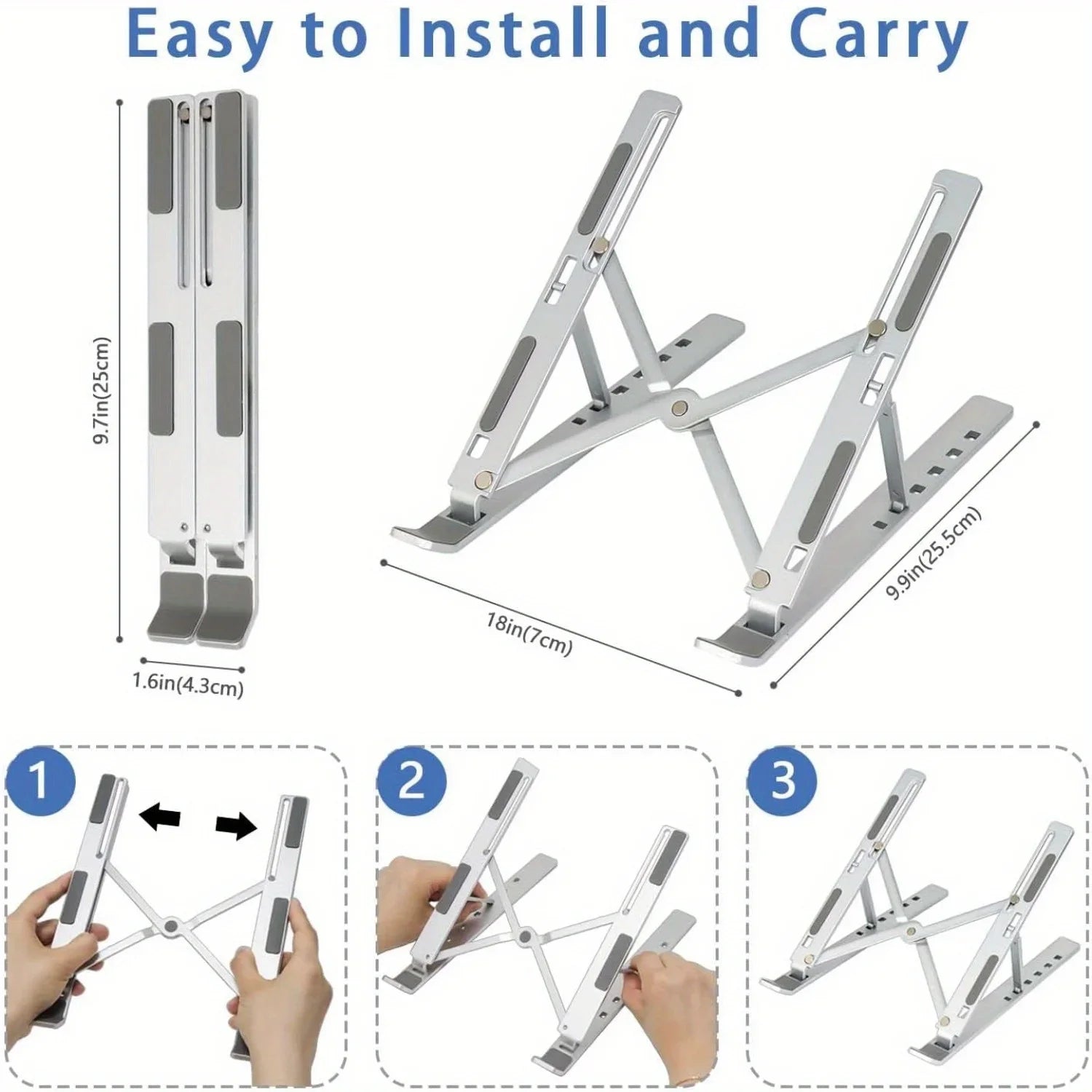 Caelix laptop stand, alternate angle — six locking height positions
