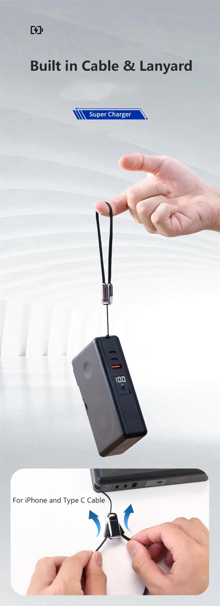 Caelix power bank, detail view — Qi2 magnetic wireless charging pad