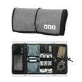Grey fabric electronic cable organizer case shown closed and open with cables and gadgets.