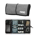 Grey fabric electronic cable organizer case shown closed and open with cables and gadgets.