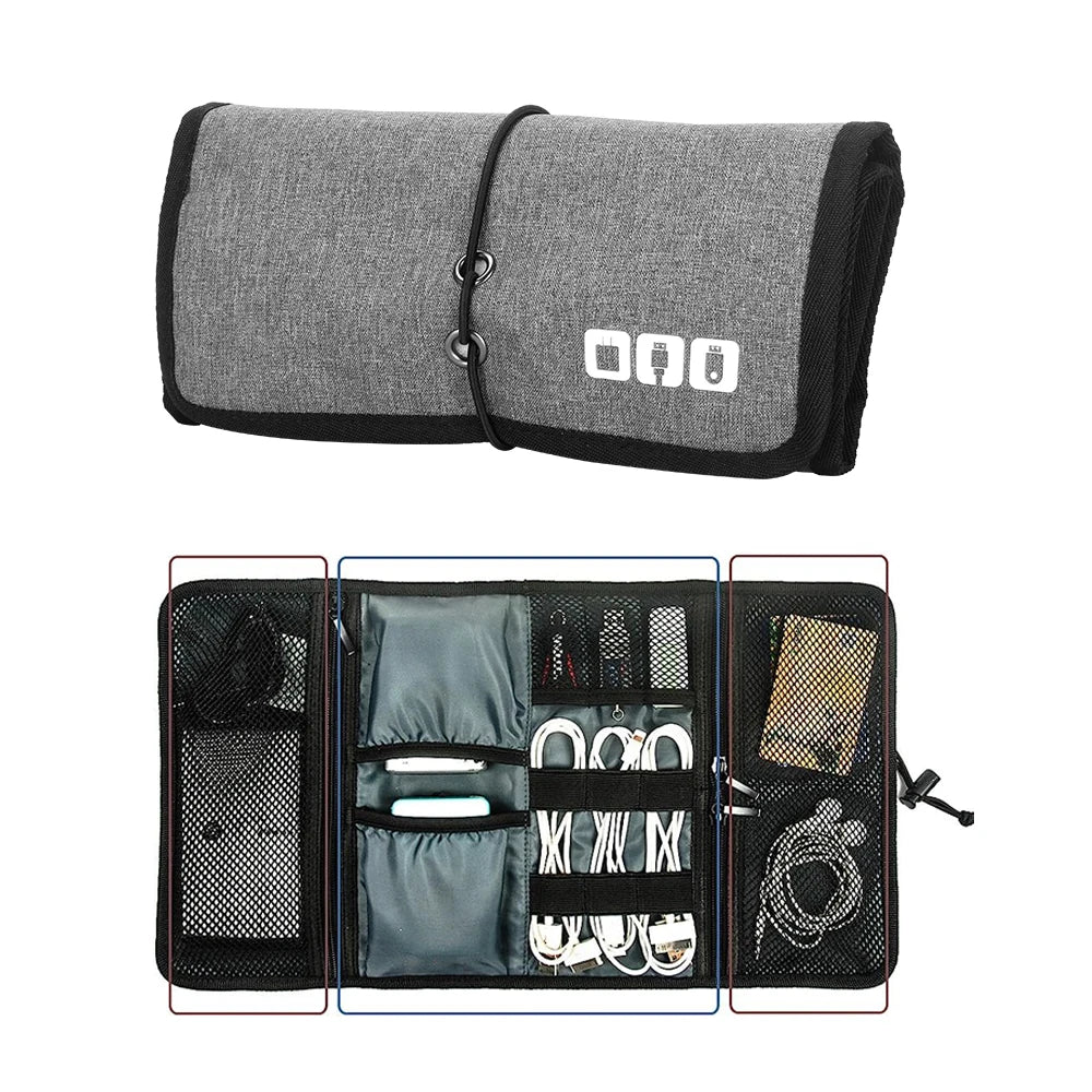 Grey fabric electronic cable organizer case shown closed and open with cables and gadgets.