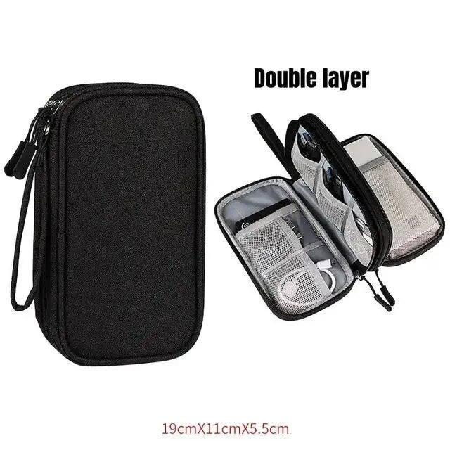 Black double-layer electronic accessories organizer case for cables and gadgets.