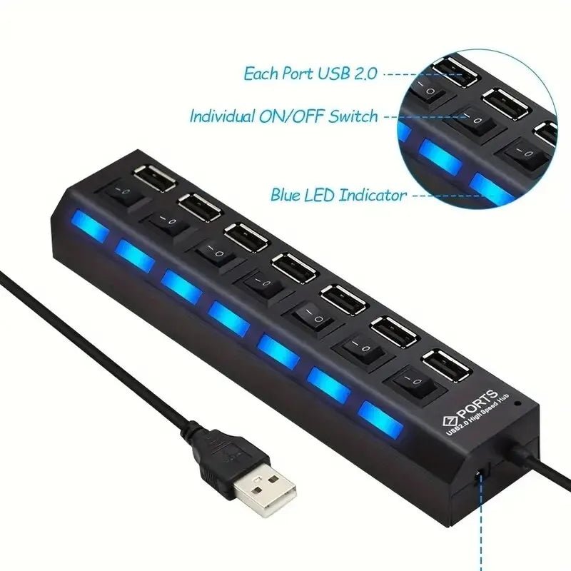 Black 7-port USB 2.0 hub with individual ON/OFF switches and blue LED indicators