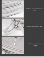 Detailed views of a light grey organizer case showing high-quality zippers and scratch-resistant fabric.