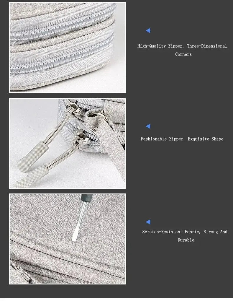 Detailed views of a light grey organizer case showing high-quality zippers and scratch-resistant fabric.