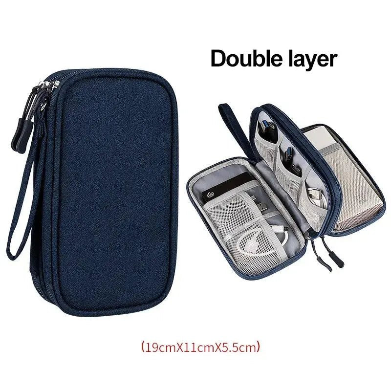 Navy blue double layer electronic accessories organizer case for cables and chargers