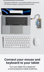 Laptop connected to a USB-C hub with a wireless keyboard and mouse on a white background.