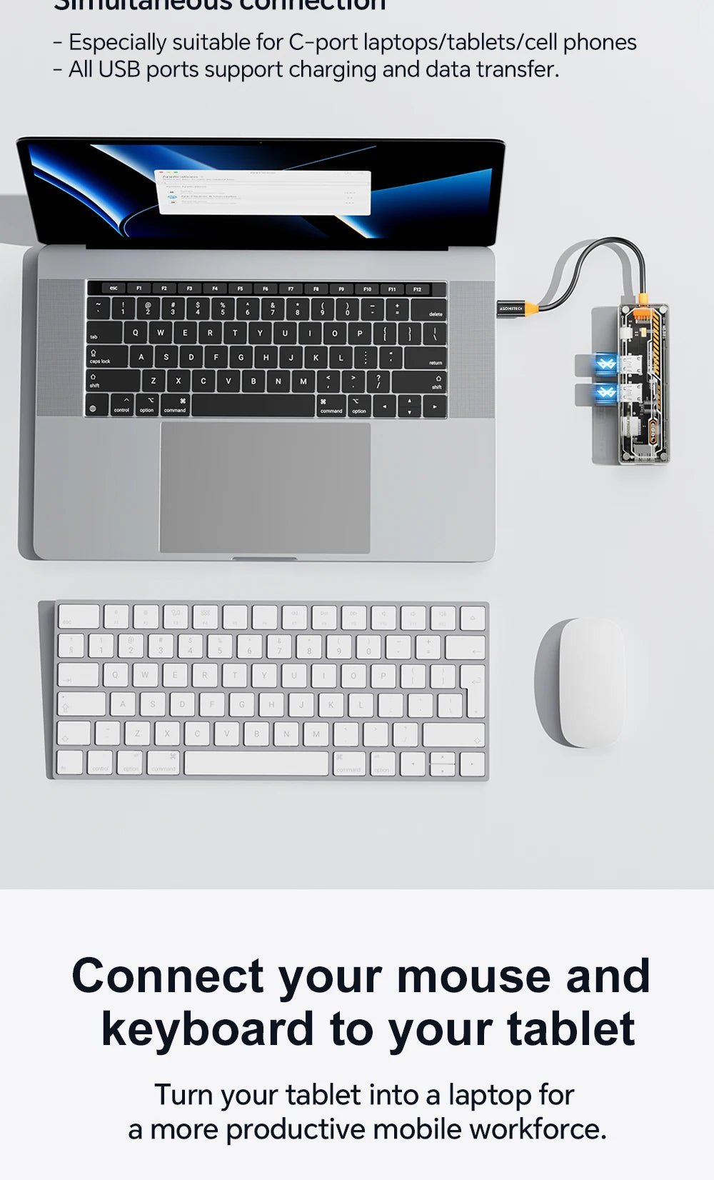 Laptop connected to a USB-C hub with a wireless keyboard and mouse on a white background.