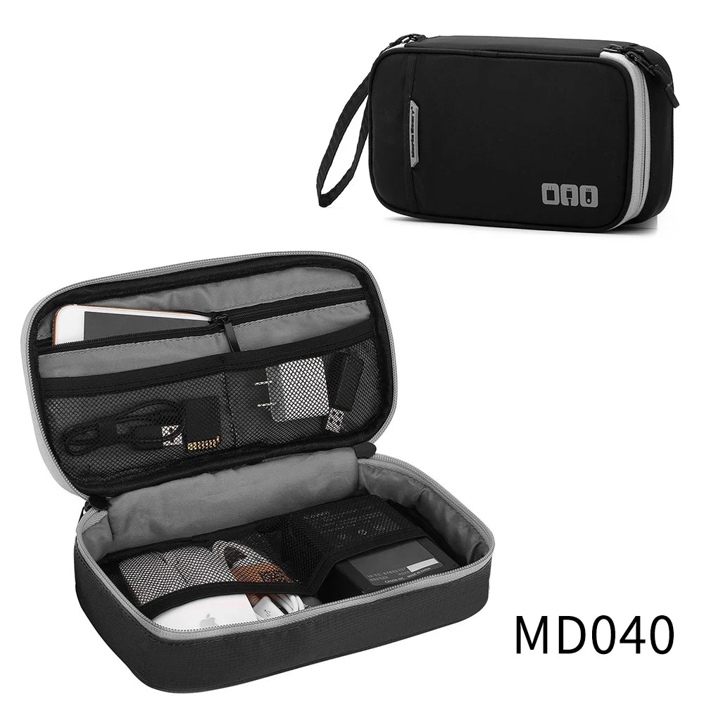 Caelix travel pouch, packed view — opened flat on dual zips