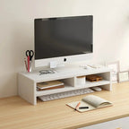 White monitor riser stand with storage shelves on a wooden desk holding an iMac and office supplies