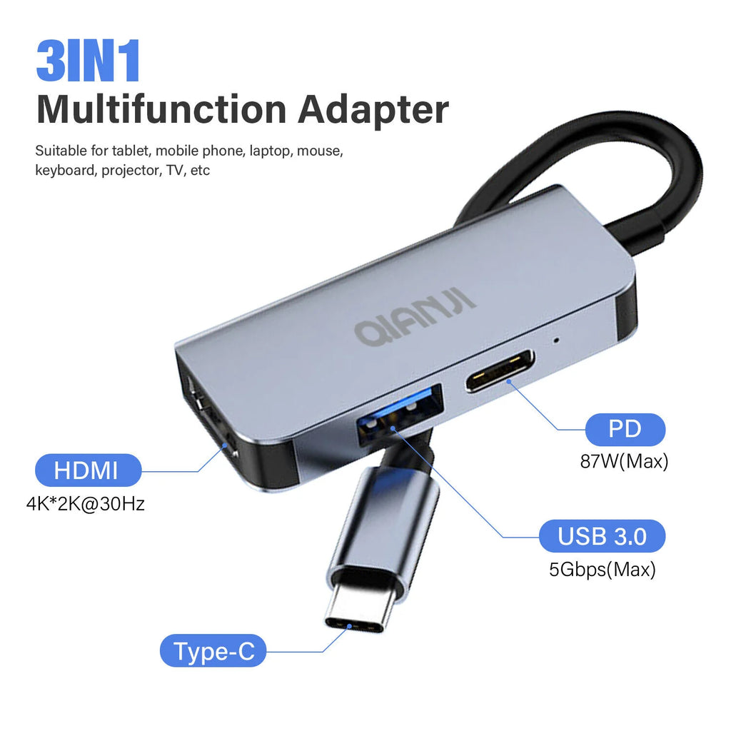 QIANJI 3-in-1 USB-C adapter with HDMI, USB 3.0, and PD charging ports.