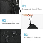 Feature highlights of a black organizer case: durable zipper, hand strap, and waterproof material.
