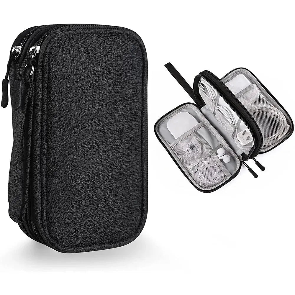 Black travel electronic organizer case, closed and open showing cables and power bank storage.