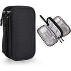Black travel electronic organizer case, closed and open showing cables and power bank storage.