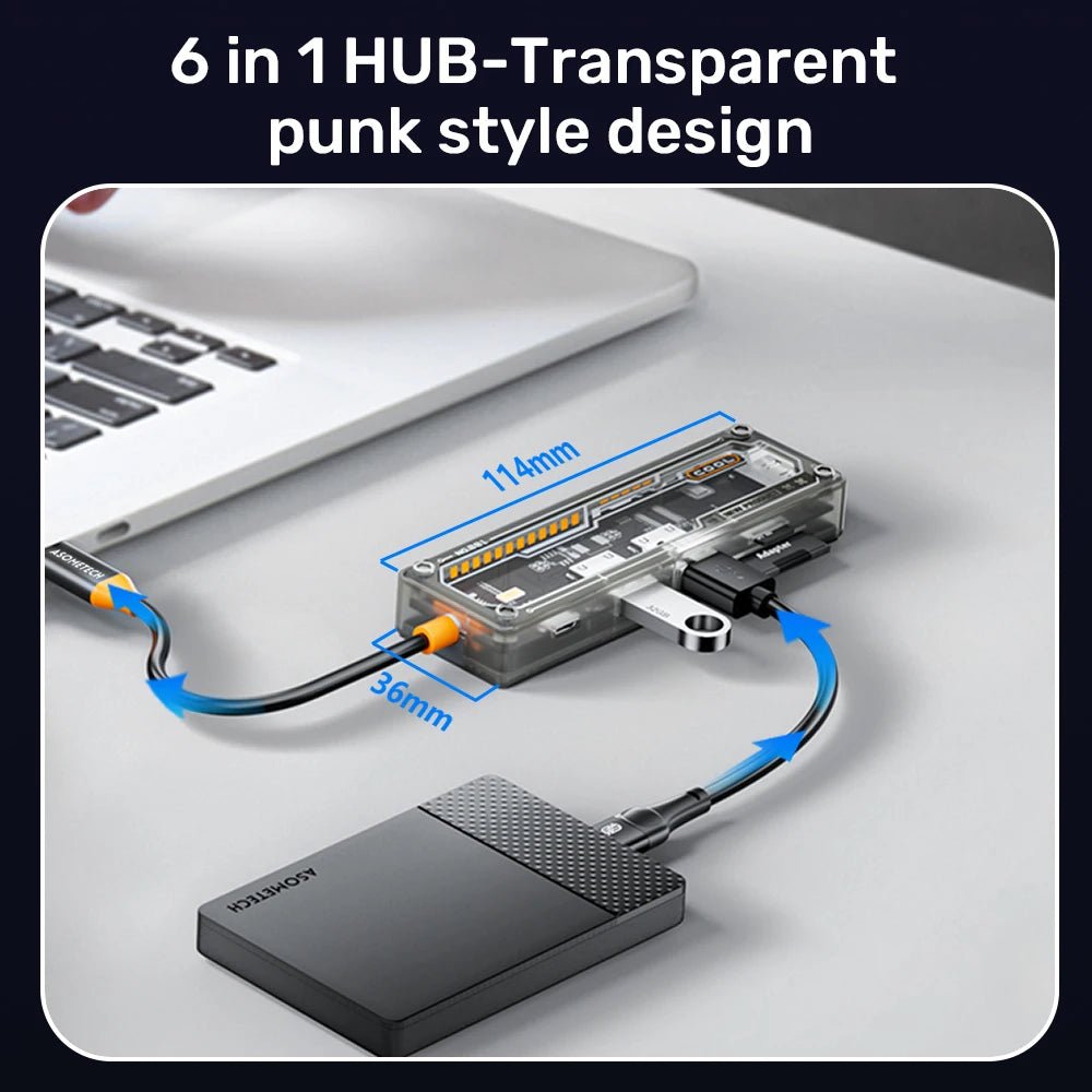 Transparent 6-in-1 USB-C hub with punk style design connected to a laptop and external drive.