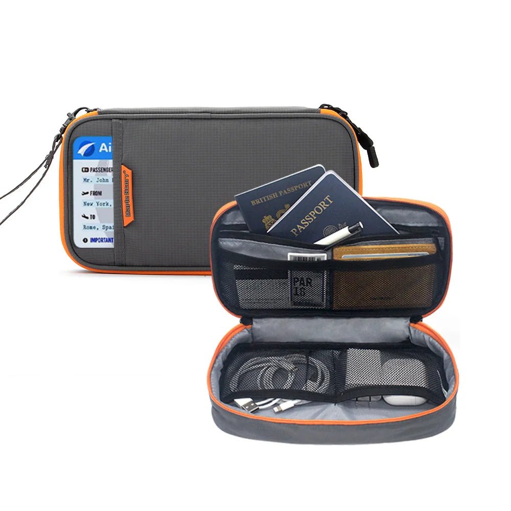 Caelix travel pouch, alternate angle — outer pocket for passport or ticket
