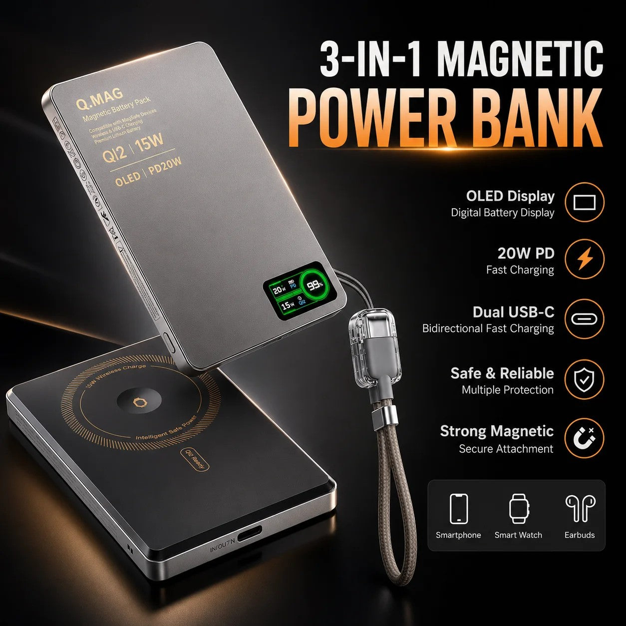 Close-up of the grey power bank's OLED display and metal shell