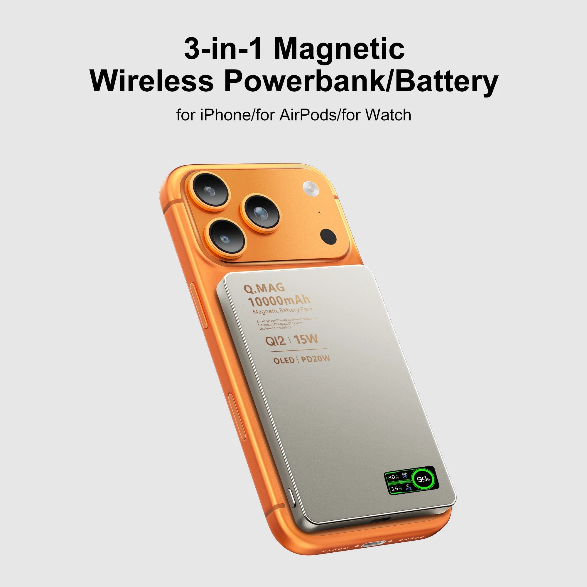 Orange magnetic power bank attached to the back of a phone