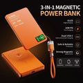 Slim magnetic power bank in orange, showing the OLED charge display and magnetic charging pad
