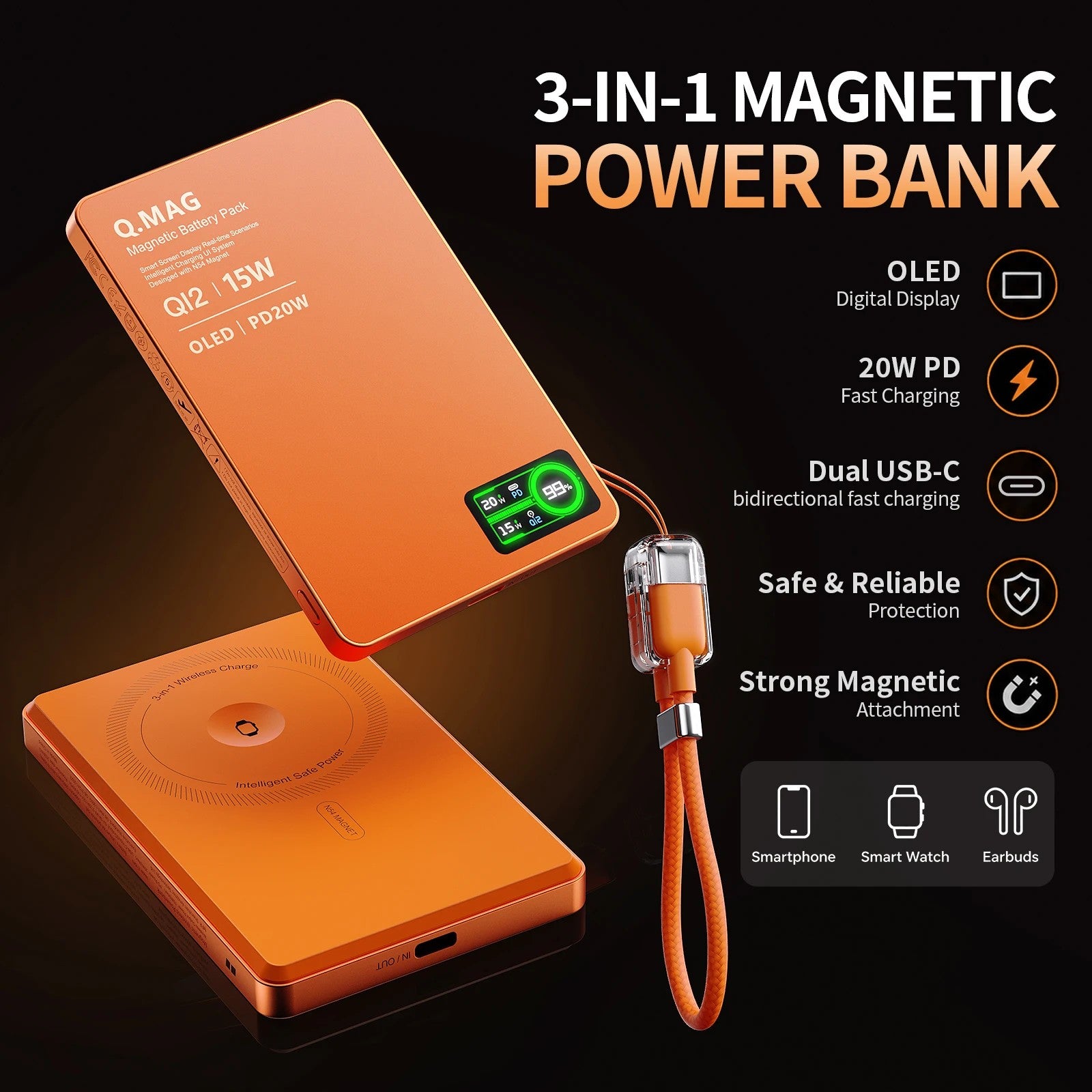 Slim magnetic power bank in orange, showing the OLED charge display and magnetic charging pad