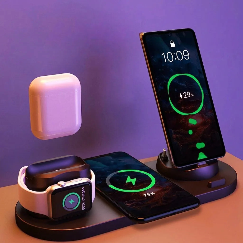3-in-1 wireless charging stand charging a phone, Apple Watch, and AirPods